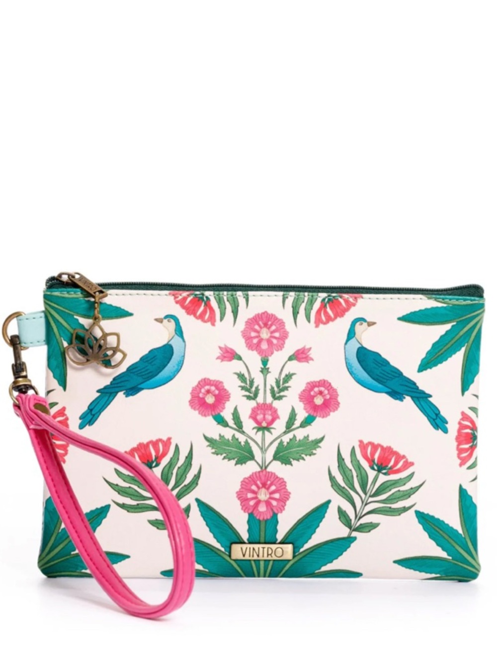 Makeup bag . Pink & Teal Floral Bird Wristlet Clutch
